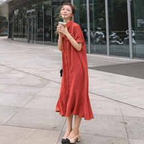Black super long shirt dress female 2021 new summer Korean version loose thin knee temperament fishtail long skirt