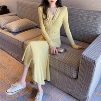 Autumn Winter New Collection Waist Display Slim Beating Bottom Dress Woman Sensation Long Sleeves Slim Fit Skirt Inside Lap High Waist Fish Tail Long Skirt