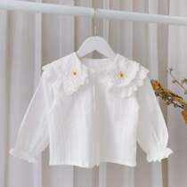 2022 2022 Spring 0-6-year-old baby girl child Han version Ocean Solar Flowers Double collar embroidered shirt hit bottom 3 blouses