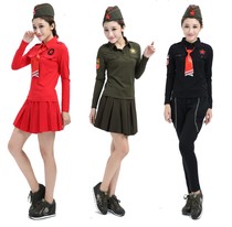 Forest knight 2021 sailor dance performance costume red lapel long sleeve female army green T-shirt five-pointed star black top