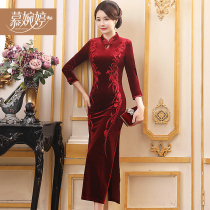 Golden velvet cheongsam improved 2021 new wedding mother autumn dress long wedding party dress