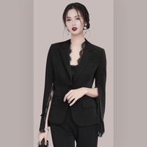 Thai Tide brand celebrity OL temperament suit black lace stitching design sense British style slim jacket cardigan female