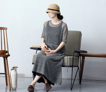 One old original autumn Japanese imported yarn flower gray linen hollow simple drawstring dress 1223-1