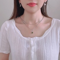 S925 silver Tide brand Korean East Gate necklace crown green diamond heavy industry niche double choker ins Wind neck chain