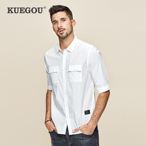 Special offer]Mens medium sleeve shirt mens simple casual tooling white shirt spring five-point sleeve top 8837