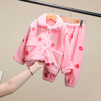 Childrens flannel pajamas set warm autumn and winter girls plus velvet home clothes girls baby thick coral velvet