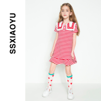 Fashion small fish childrens clothing spring and summer clothing Net red ocean big square collar girl college style skirt striped short sleeve dress