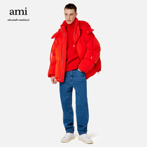 The AMI mens and womens classic designer red letter-print hooded casual down jacket coat