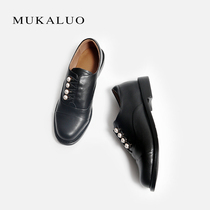  Wooden carlo small leather shoes womens British style 2020 spring and autumn new neutral leather flat bottom black round head low heel shoes