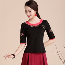 Autumn and summer new clothing jacket ethnic style embroidery middle sleeve cotton dance clothing dancing clothes large size female