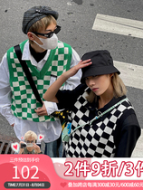EAHO earthlinghoo Japan-ROK college literature and art retro green chessboard sweater 100 hitch vest men and women