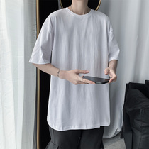 Hong Kong wind ins super fire summer short sleeve T-shirt men's tide brand trend loose hip-hop Joker Harajuku solid color five-point sleeve