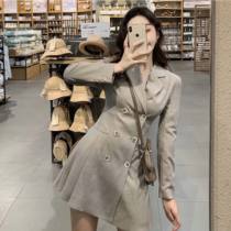 Korea counter 2021 autumn new long sleeve suit dress temperament double-breasted waist slim pleated skirt women