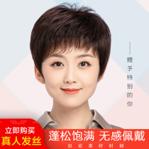 Wig Lady middle-aged and elderly full head cover natural fluffy real hair full real hair silk mother short hair female wig set
