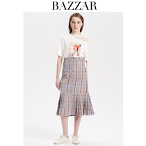 2019 summer new simple Joker high waist elastic waist buckled plaid pleated cotton check fishtail skirt