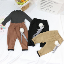 Korean version of fashion Foreign style childrens pants men and womens baby solid color autumn and winter new velvet pants children 1-4 years old can open the crotch