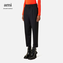 AMI Womens Classic Designer Black Casual Slim Pleated Straight-leg Pants Radish Pants High-rise Long Pants