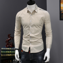 Autumn shirt mens long-sleeved slim-fitting handsome all-match business casual shirt youth Korean version of the trend vertical stripe inch shirt