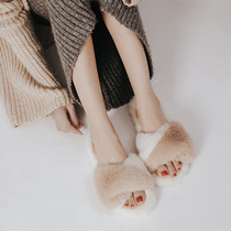 Cream color rabbit velvet waterproof non-slip indoor home slippers Autumn and winter open toe elegant womens home shoes