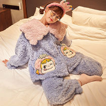 Coral Suede Pajamas Lady Autumn Winter Sweet and cute Garnapped Thickened Flannel Winter Warm Home Suit Suit