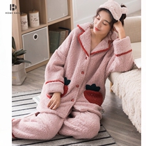 Lamb suede pyjamas woman autumn and winter sweet and cute thickened strawberry winter coral suede household clothes suit can be outworn in winter