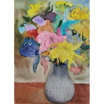 (Original) Central U.S. House Xiao Qing Grey vase and red table Unframed paper This watercolor painting auction