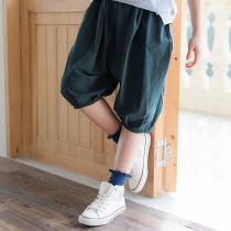 Middle and large childrens pants 2021 summer new literary retro solid color cotton seven-point casual pants girls loose bloomers