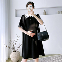 Pregnant Woman Summer Clothing Blouse 2022 New Big Code Loose Shirt Dress Fashion Little Subskirt Navy Wind Dress