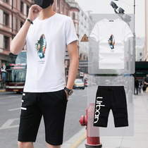 Casual suit mens spring and summer 2020 new summer slim pure cotton short-sleeved shorts two-piece mens sports suit