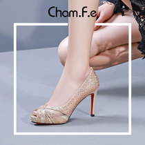 Golden ultra-high-heeled banquet womens shoes 2021 spring and autumn new rhinestone waterproof table leather fine-heeled fish mouth single shoes 155T