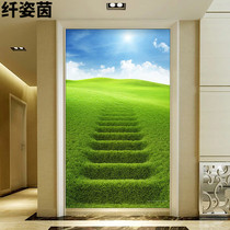  3D three-dimensional entrance aisle corridor vertical version of the green ladder grassland landscape decorative painting background wallpaper wallpaper mural