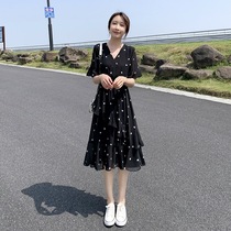 Small black Polo point chiffon dress female summer 2021 New slim thin vcollar fairy A- line dress children