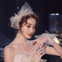 Mengyao Bride Fashion Sequin Silk Beaded hairclip Pearl Hairband Set Headwear Crystal Earrings Glove Jewelry