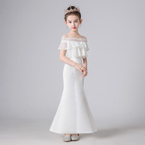 Girl white princess dress fishtail childrens small host Girl catwalk gown evening dress foreign atmosphere costume summer