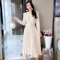2022 new fashion minimalist apricots colour V collar knit one-piece dress woman with long past knee waist display slim temperament skirt
