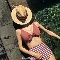 Net Red new girl retro plaid White sexy steel support gathered high waist belly thin split swimsuit women