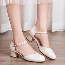 Baotou sandals womens thick heel medium heel soft leather 2021 summer new round head leather word buckle hollow single shoes