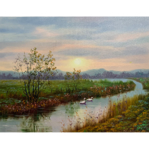 North Korean landscape oil painting first-class artist Shene River early morning office living room decoration hanging painting