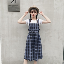 2021 summer new small fresh academic style retro art plaid cotton linen dress condole belt dress belt skirt