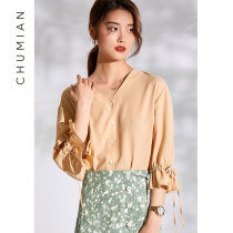 (Clearance spike)early cotton herringbone Chiffon V-neck swan neck Chiffon shirt womens three-point sleeve ruffle butterfly