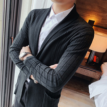 Tide Card Fall Knit Cardiovert Male mid length sweaters sweaters Body Striped Korean version Chauded blouses Casual Workout Jacket Flow