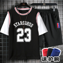 Owen jersey basketball net junior Senior high school student fake two short sleeve t-shirt basketball suit men's set