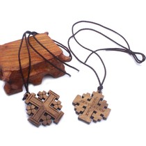 Catholic Christian Wooden Jerusalem Cross Pendant with Necklace Rope 