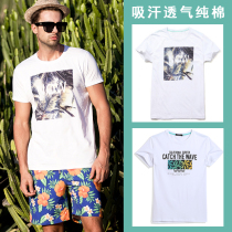 Mens casual short-sleeved couple t-shirt white crew neck printed vacation travel loose large size trendy summer cotton