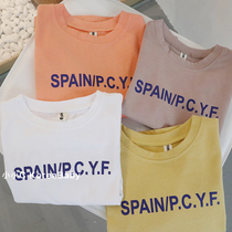 Pure cotton letter T-shirt Korean baby childrens clothing 2021 autumn new mens and womens childrens baby long-sleeved top bottoming shirt