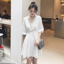 Chiffon dress womens summer Korean version of thin half-sleeved waist white dress temperament Joker French dress