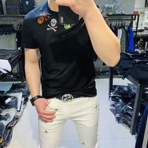 19 Mens Summer New Tide Brand Pop Skull Hot Diamond Short Sleeve Top Korean Fashion Slim Round Neck T-Shirt Men