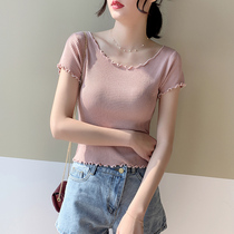 Counter ice silk knitted short-sleeved T-shirt womens summer slim-fit ruffle collar fungus edge high waist short umbilical top