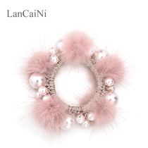 Large hair ball head rope Hair ring Mink hair imitation pearl hair rope Korean small fresh cute leather band hair accessories head accessories