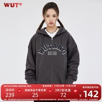 (WUT official store) winter series American embroidery logo cotton plus velvet sweater 420g cardigan jacket